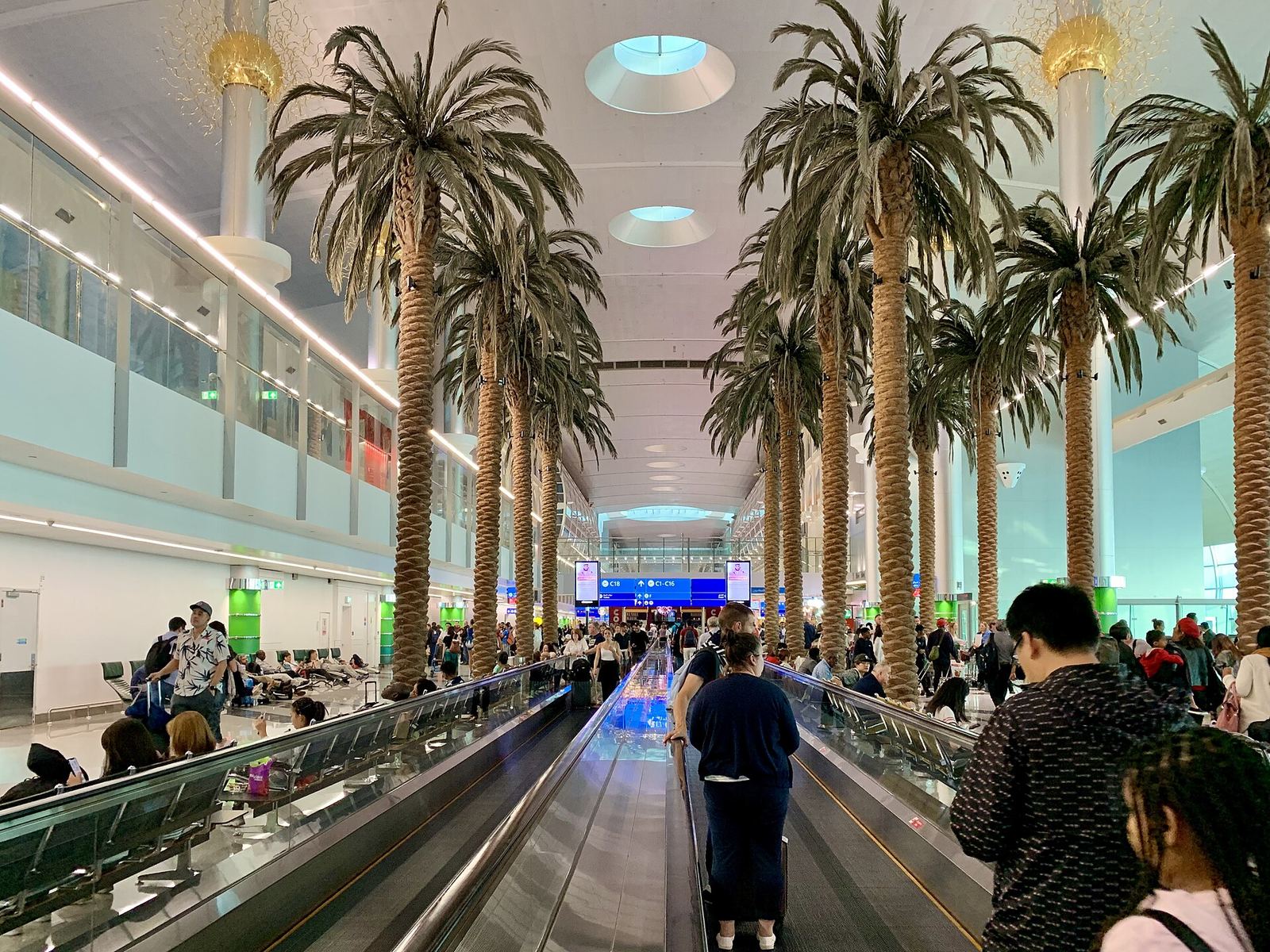Palm trees lining a moving walkway in a Terminal 3 concourse at Dubai International Airport